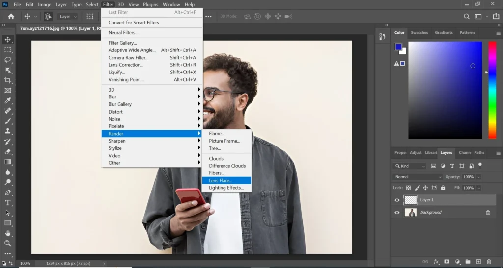 Adobe Photoshop interface displaying the steps to add a lens flare, with the Render option highlighted under the Filter menu. A person holding a phone is visible in the main workspace.