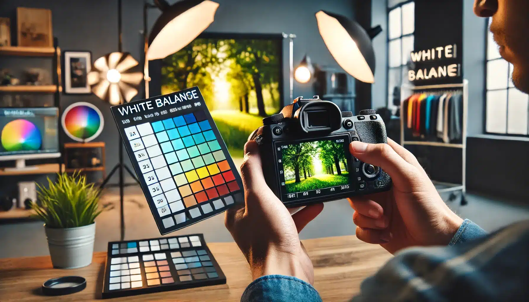 A photographer adjusting the white balance settings on a camera in a well-lit studio, with a color chart or white balance card in the frame and various photography equipment in the background.