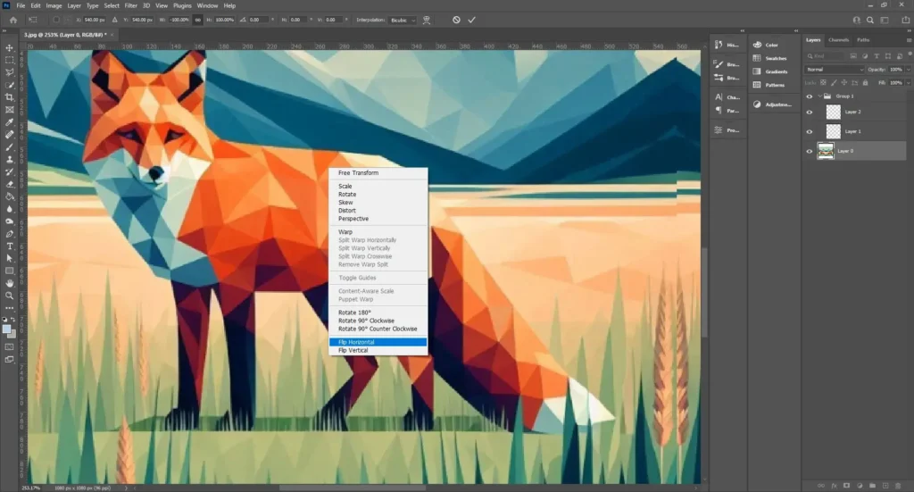 Photoshop interface showing geometric fox illustration with mirroring tool.