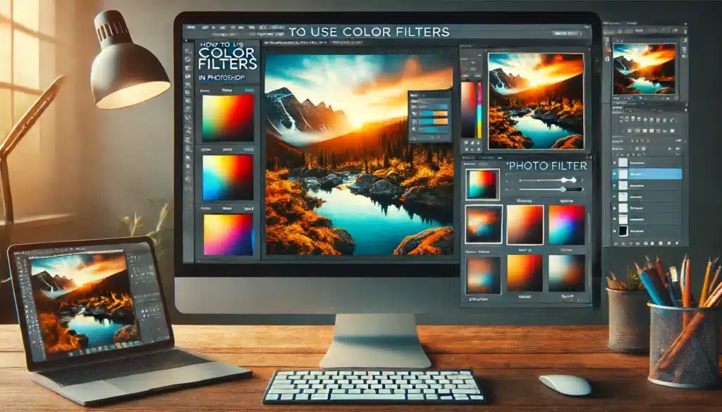 How to Use Color Filters in Photoshop: A realistic view of Photoshop's interface with 'Photo Filter' adjustment layer, showing a landscape photo with warm and cool color filters applied.