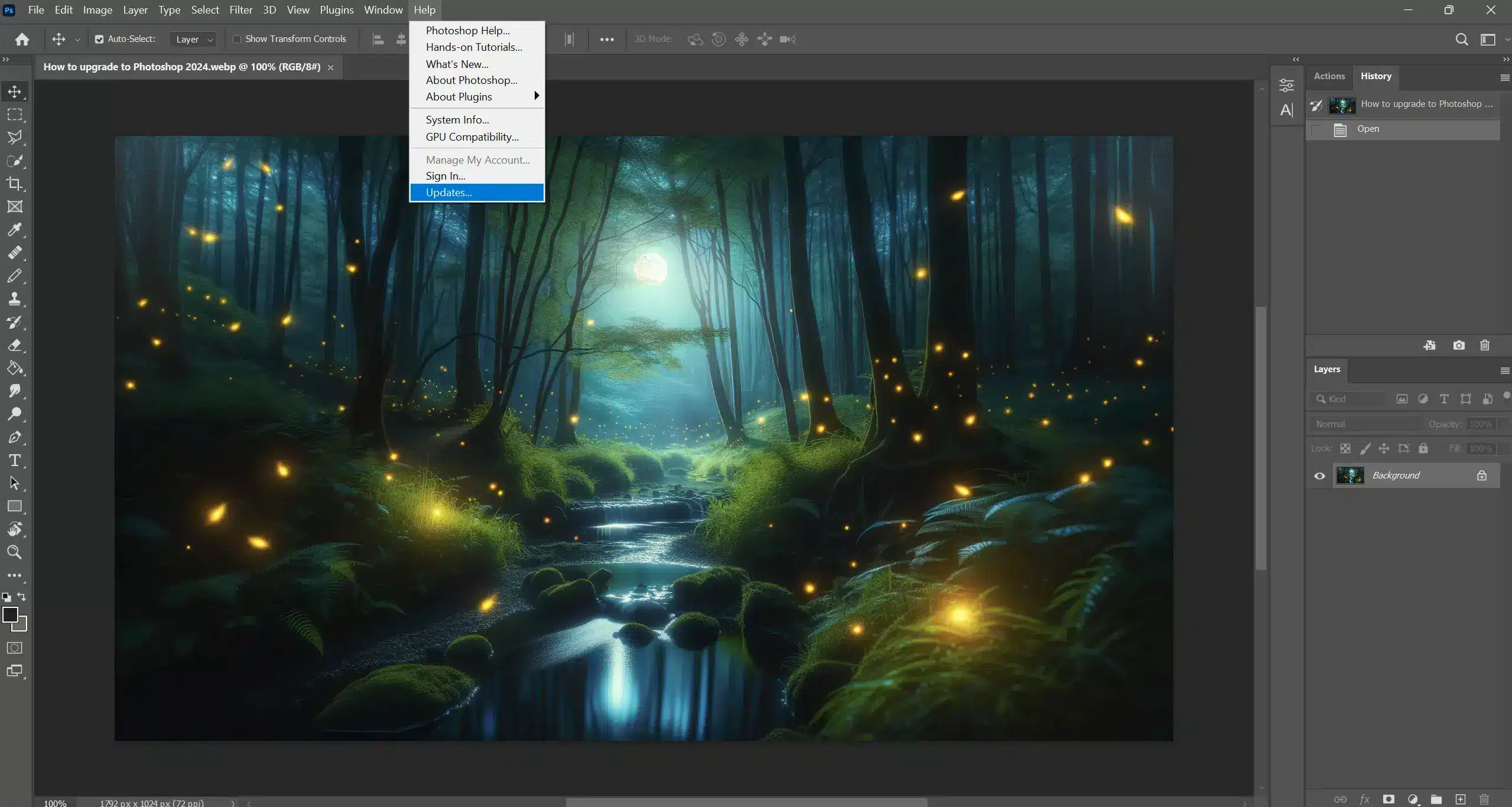 Screenshot of Adobe Photoshop interface displaying a mystical forest scene with glowing lights.