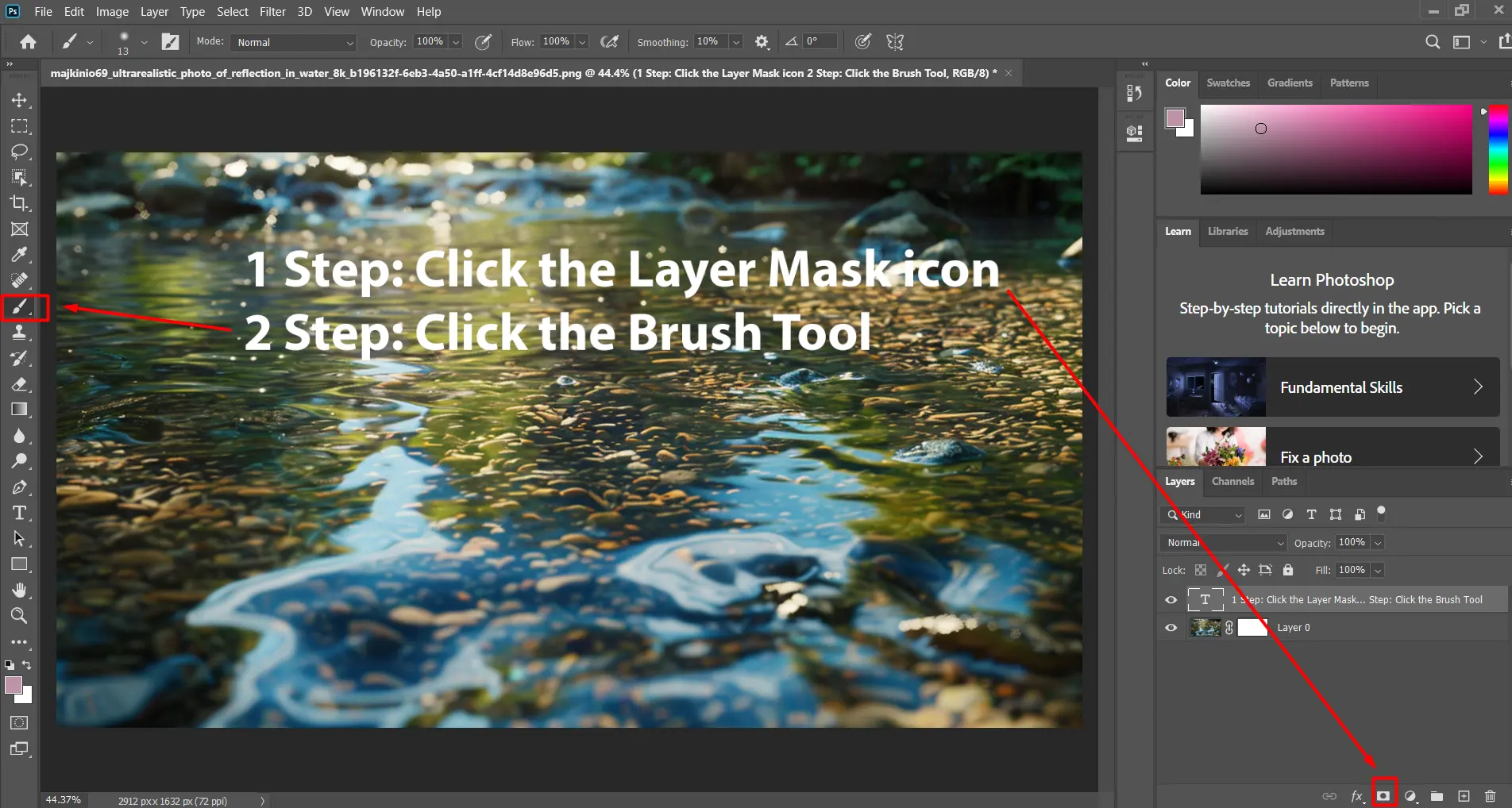 Instructions for using the layer mask icon and the brush tool are highlighted