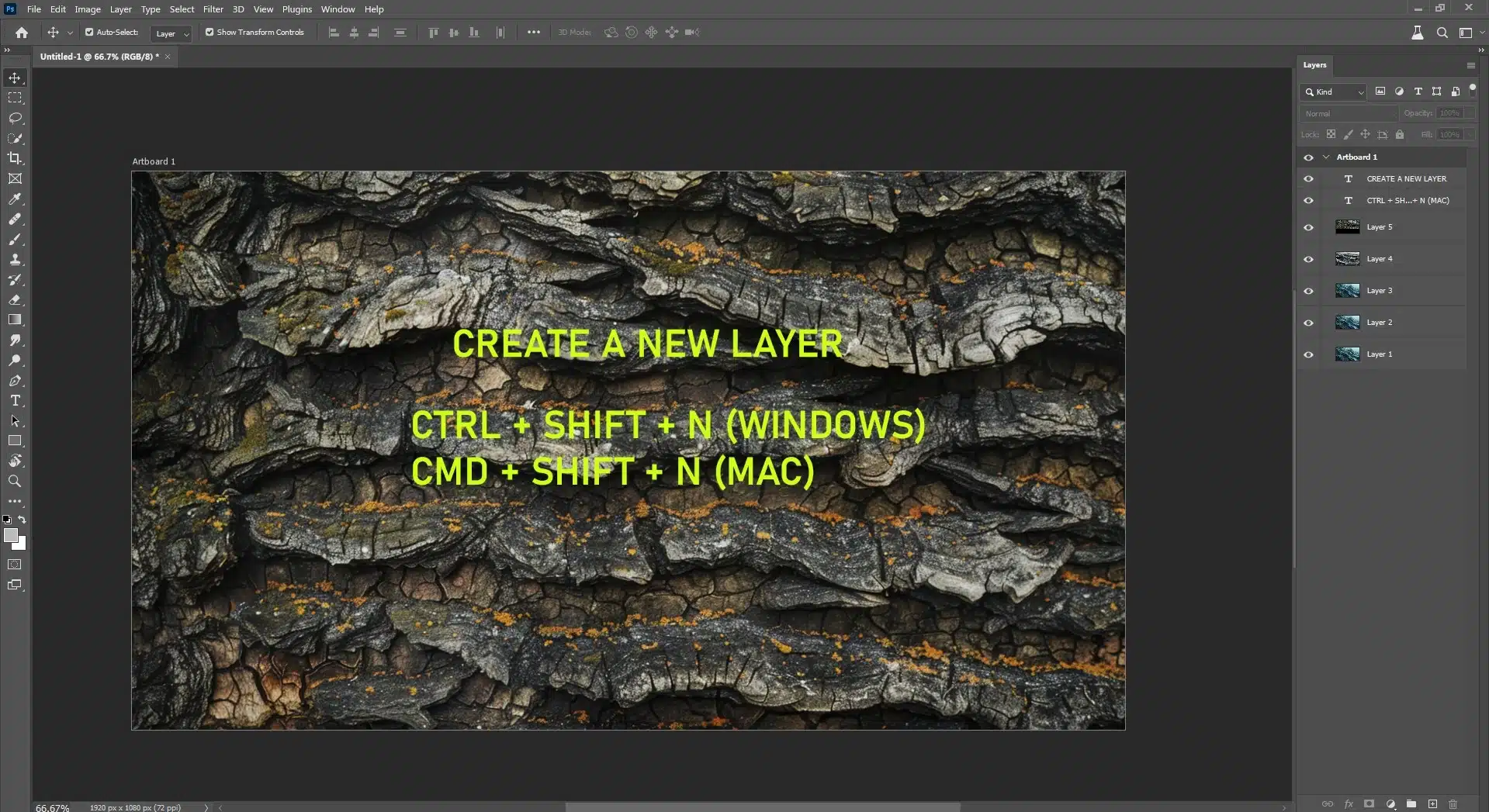 Photoshop interface with shortcuts for creating a new layer.