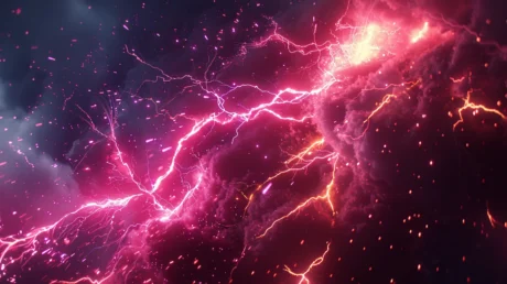 Vibrant lightning effect created in Photoshop with intense pink and orange colors illuminating dark clouds