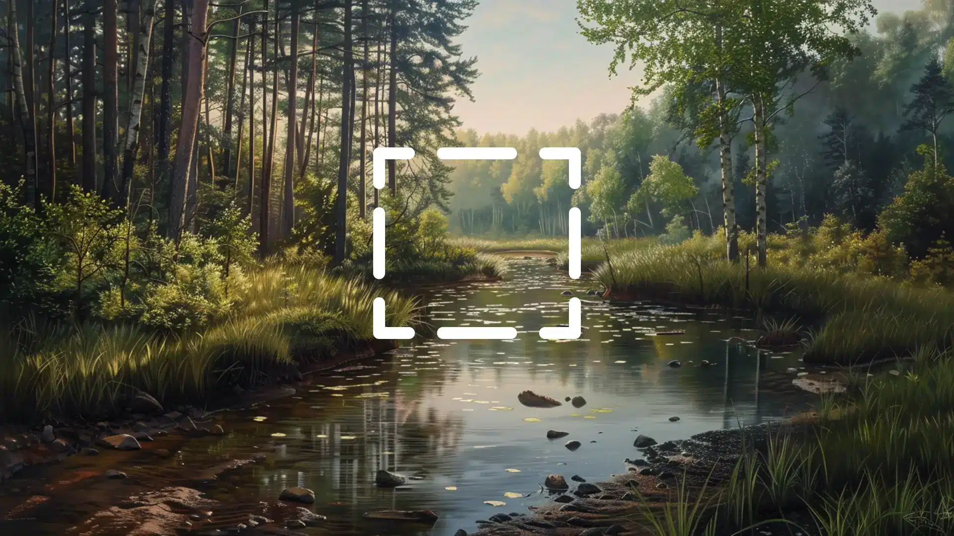 Scenic view of a forest and river with a square marquee overlay in the center, focusing on the natural beauty.