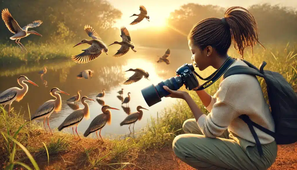 Black female photographer using Nikon D500 in a nature reserve by applying Bird Photography Guide to get outstanding outcomes