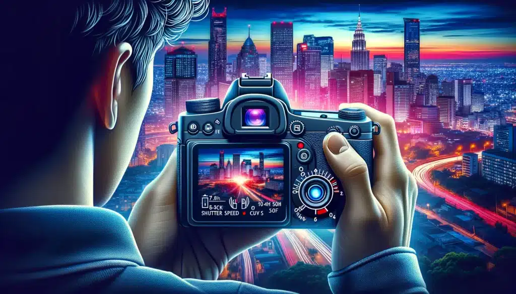 Photographer adjusting digital camera settings against a vibrant cityscape at dusk