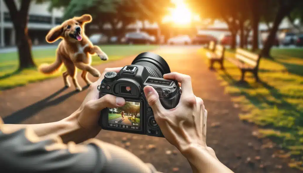 Photographer adjusting camera settings for pet photography in a park