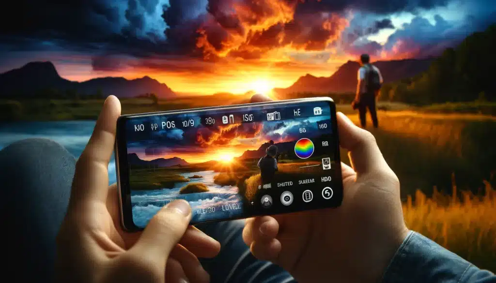 Photographer adjusts smartphone settings to capture a vibrant sunset landscape, The us of HDR to show How to Take Professional Photos with Phone.