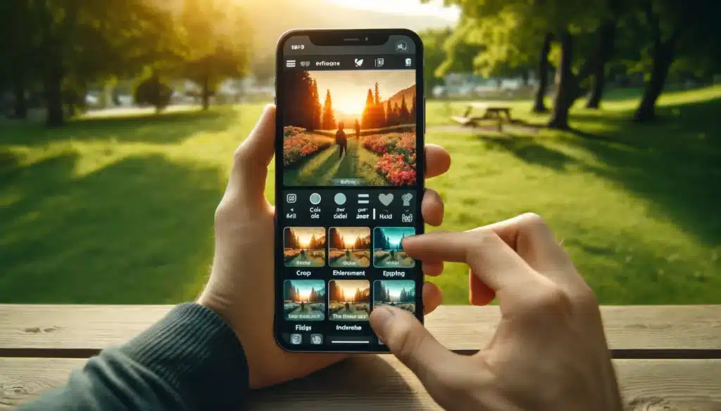 Person editing photo on smartphone in park, showing before and after effects. The image explains How to Take Professional Photos with Phone