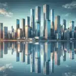 Photoshop interface showing mirrored cityscape with reflection effect.