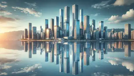 Photoshop interface showing mirrored cityscape with reflection effect.