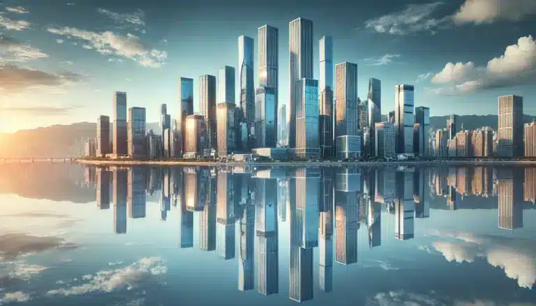 Photoshop interface showing mirrored cityscape with reflection effect.