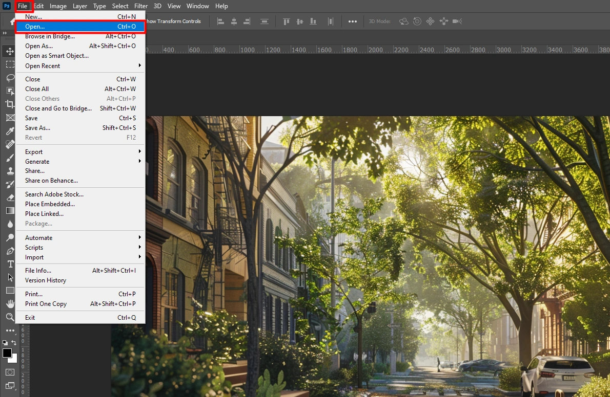 Screenshot of the File menu in Photoshop with the Open option highlighted.