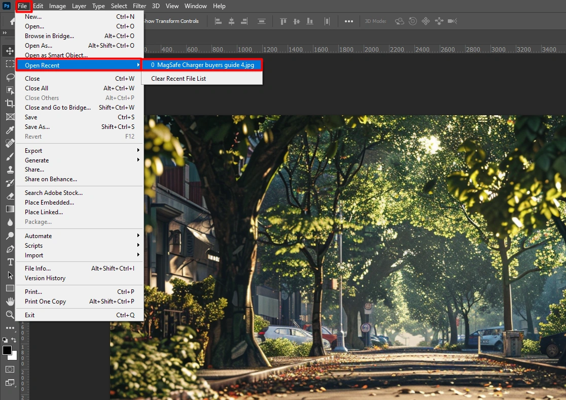 Screenshot of the Open Recent option in the File menu of Photoshop.