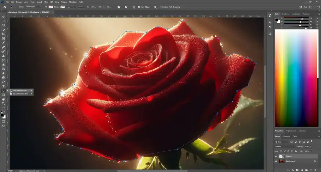 Photoshop workspace with Path Selection Tool highlighting a path around a red rose with dew drops.