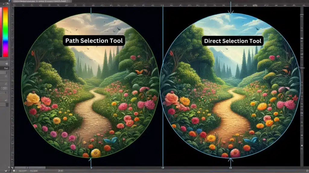 Side-by-side comparison of Path Selection Tool and Direct Selection Tool in Adobe Photoshop, showing different uses on a scenic path design.