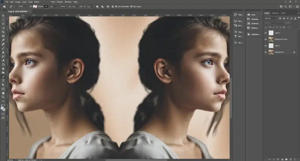 Photoshop interface showing mirrored portrait of a young girl.