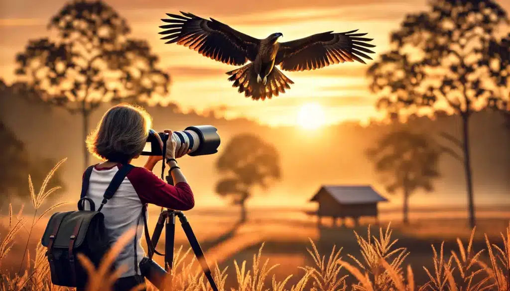 Asian female photographer capturing an eagle in flight during sunrise. Image Depicting Bird Photography under a Bird Photography Guide