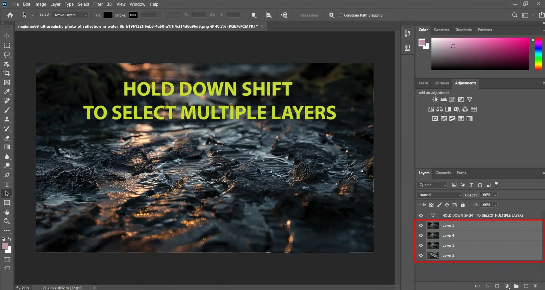 Close-up of Photoshop interface showing how to select multiple layers