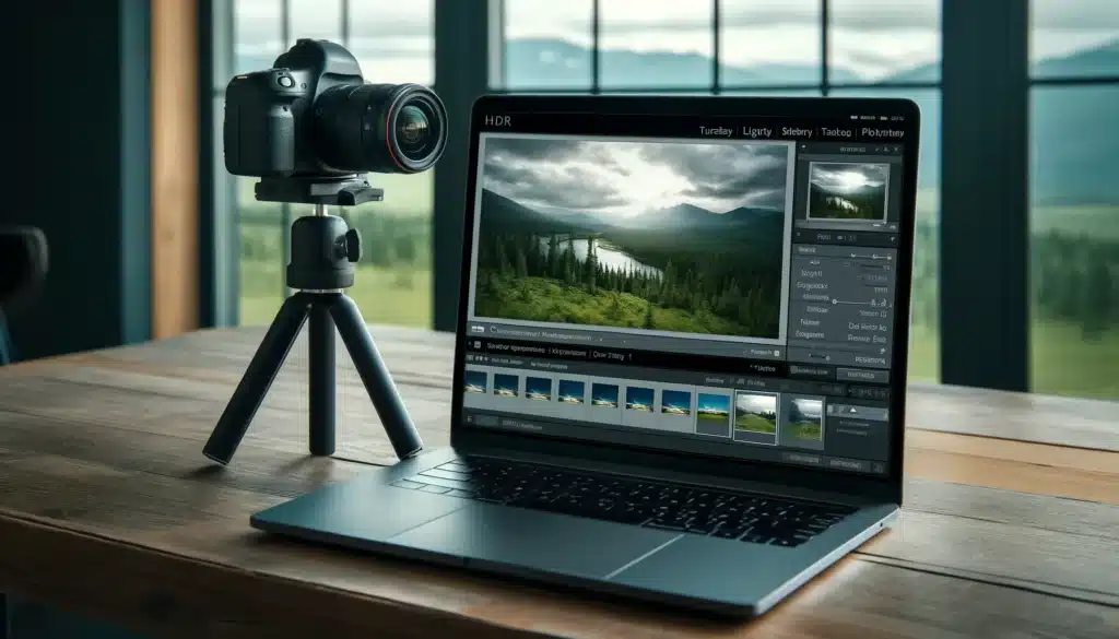 Detailed setup of a photographer using Lightroom to merge HDR photos, including a tripod and camera aimed at a landscape