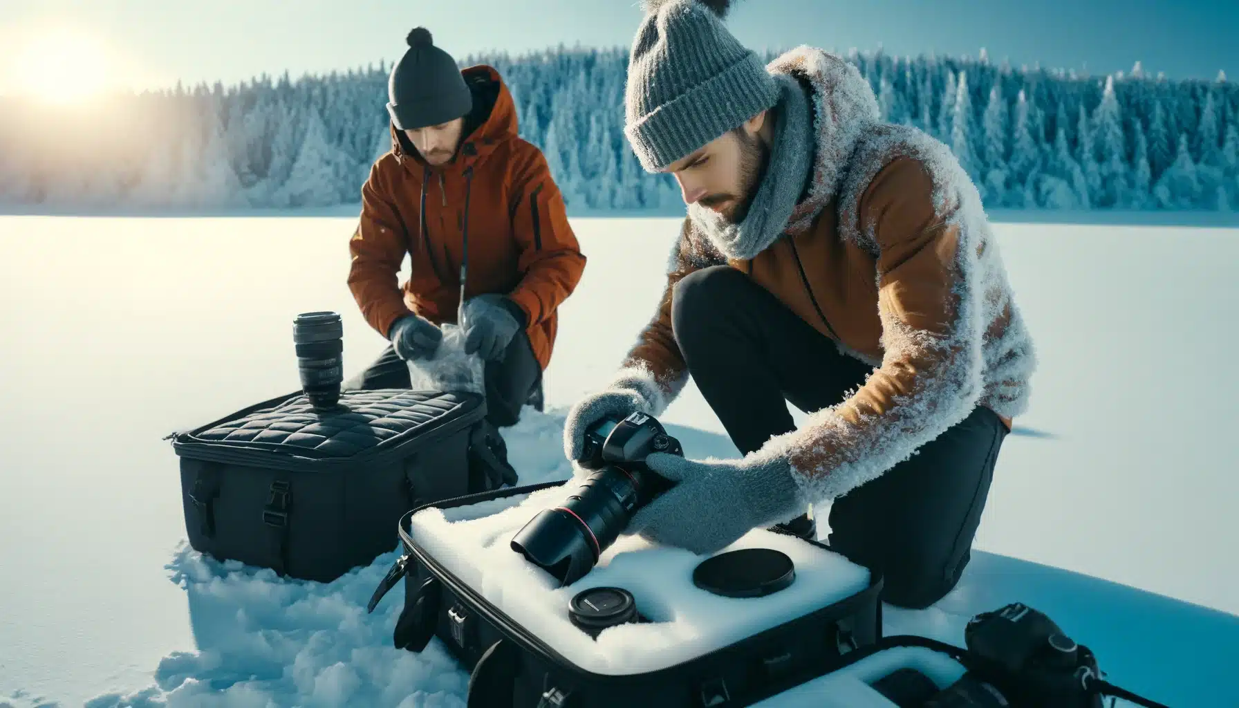 Two people in a snowy outdoor setting, one wrapping a camera in protective covering and the other placing gear into insulated bags. Both are dressed in warm clothing and gloves, with a snow-covered landscape in the background.