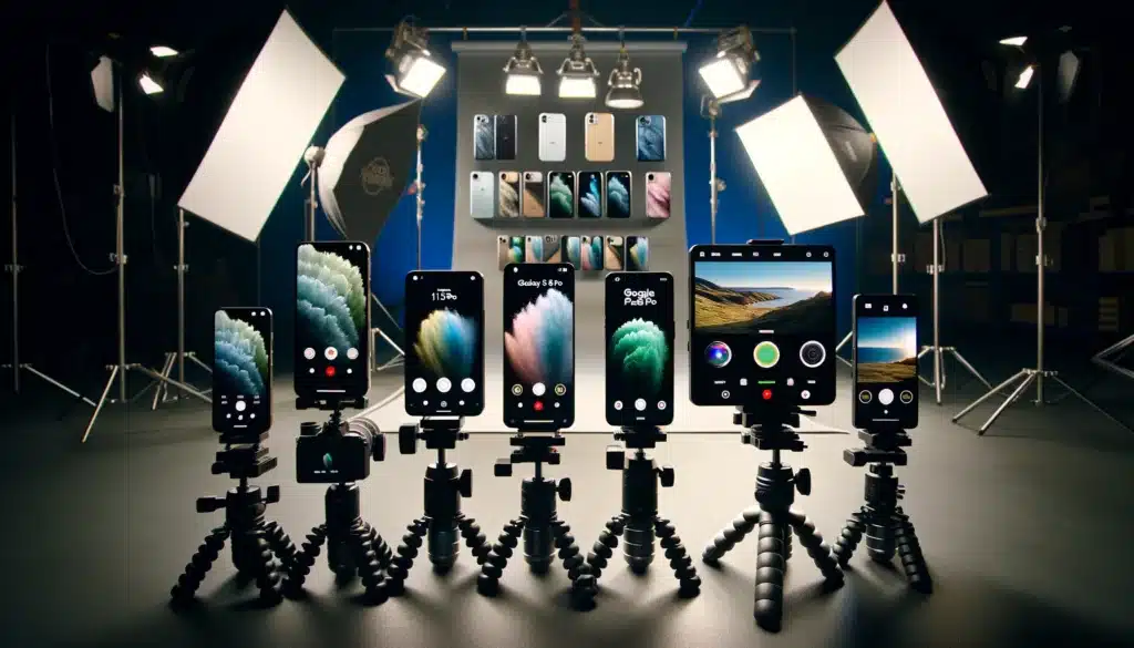 Smartphones on tripods displaying camera features in a professional studio setting to take professional photos with phone.
