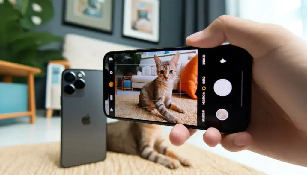 Using an iPhone 15 Pro Max to capture a playful cat indoors