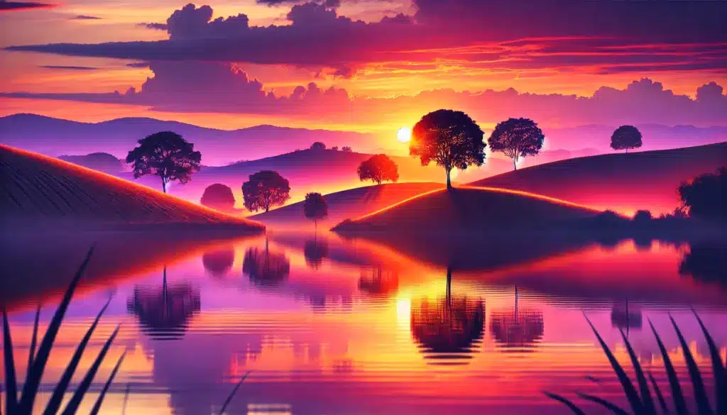 A color image of a beautiful sunset over a serene landscape. The sky is filled with warm hues of orange, pink, and purple, reflecting on a calm body of water, with silhouettes of trees and rolling hills in the foreground.