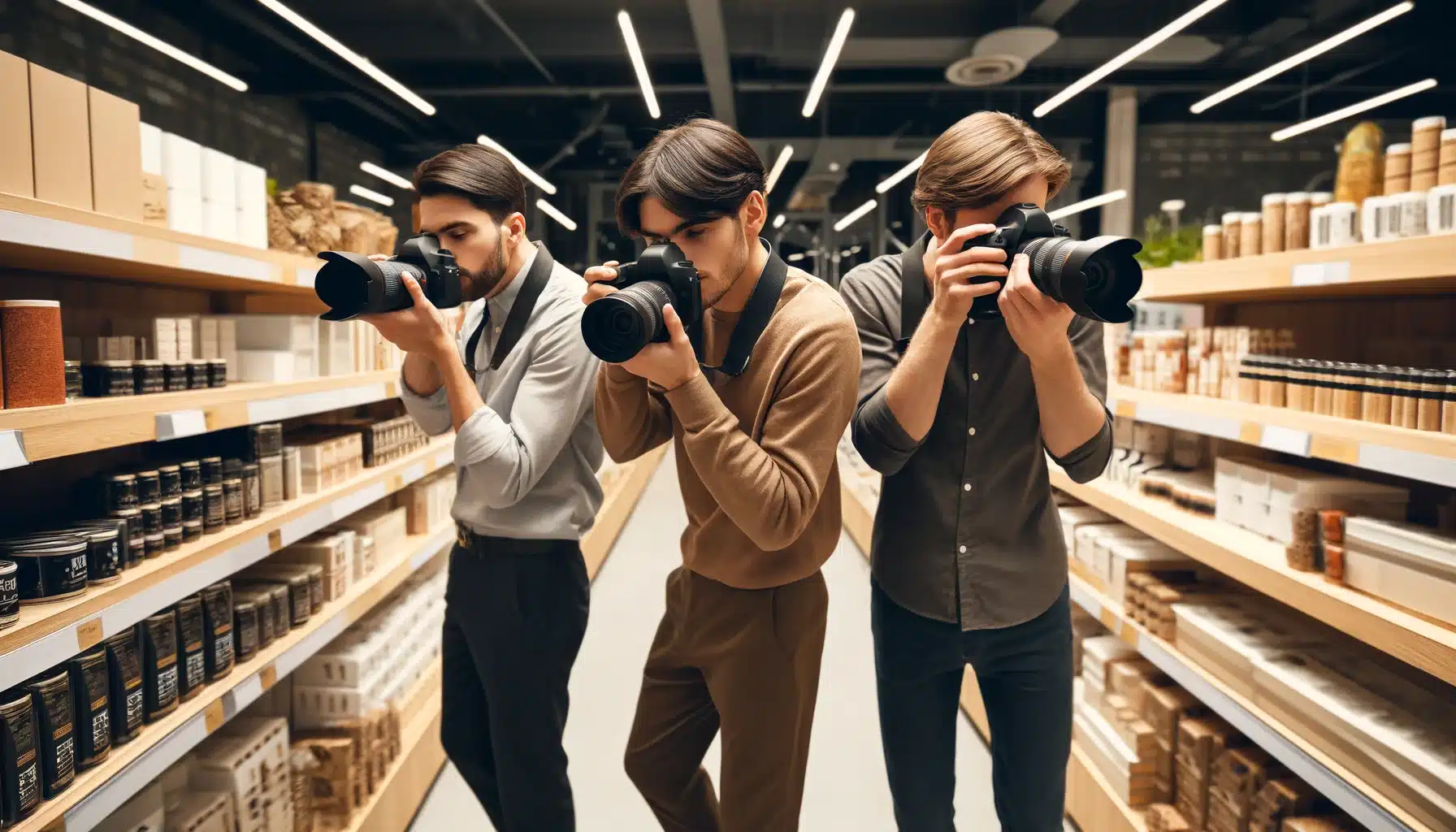 Three photographers capturing images in a well-lit retail store, using professional cameras and equipment. Various products are displayed on shelves.