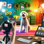 A professional pet photography session in a vibrant studio, highlighting various aspects of capturing and editing pet portraits.