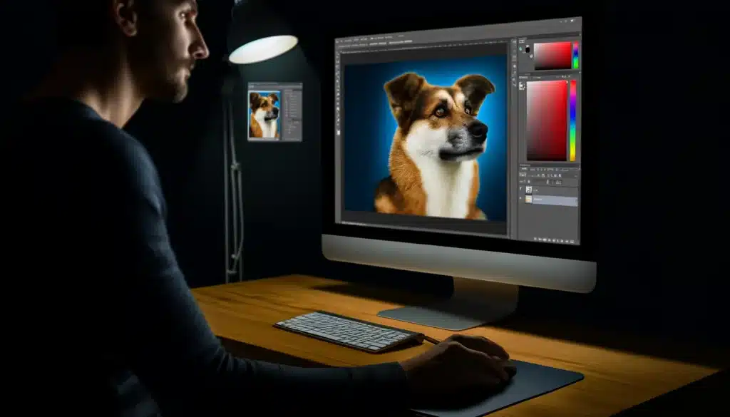 Digital artist using Adobe Photoshop for pet photo enhancement