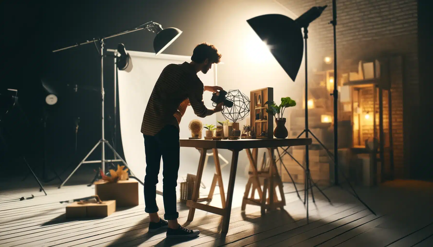 A person working on photo composition in a well-lit photography studio, adjusting objects to achieve a balanced and visually appealing scene. Various photography equipment is visible in the background.