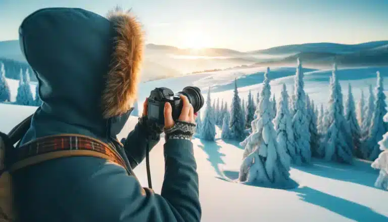 A photographer dressed in warm clothing taking pictures in a snow-covered landscape with snow-covered trees and a clear sky, capturing the serene winter scenery.