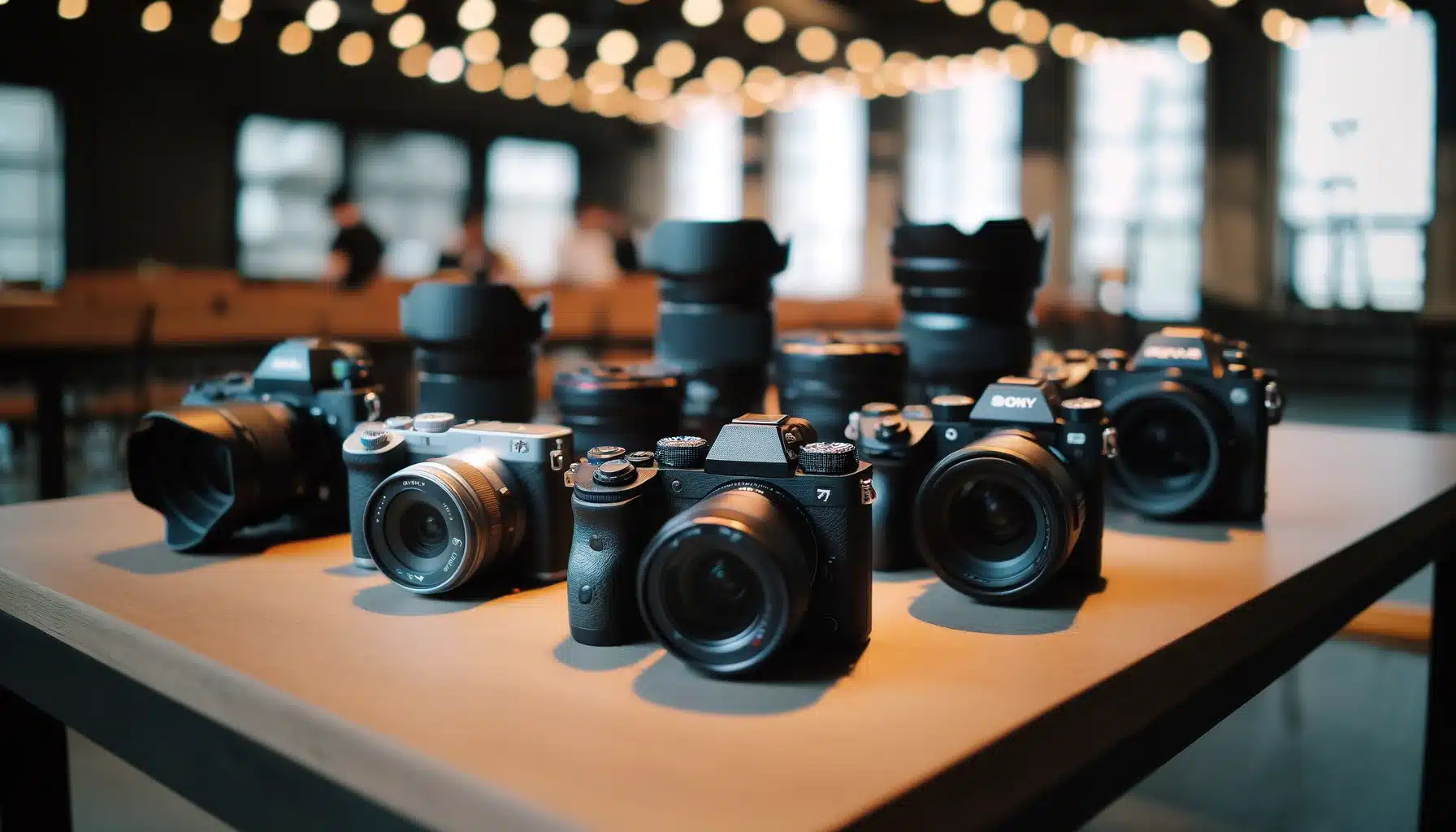 Five different cameras placed neatly on a table in a well-lit indoor setting, showcasing a range of models from entry-level to professional, highlighting their features and designs.