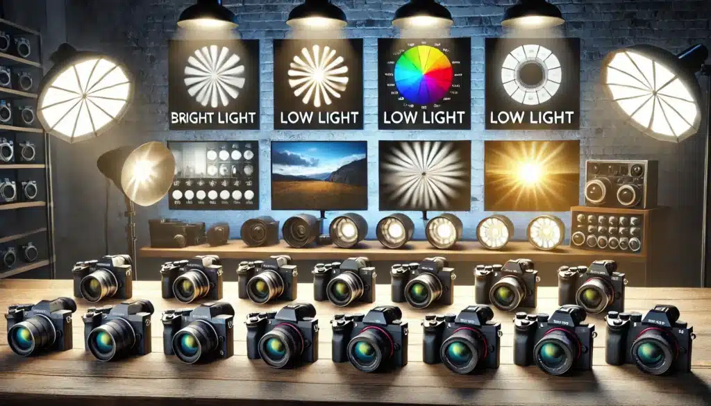 A selection of mirrorless cameras displayed on a table, each adjusted for different lighting conditions. The background features scenarios of bright sunlight, low light, and indoor lighting.