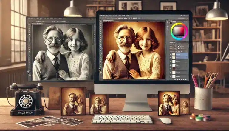 Side-by-side comparison of a family portrait showing the transformation from original to sepia filter tones, with Photoshop open in the background.