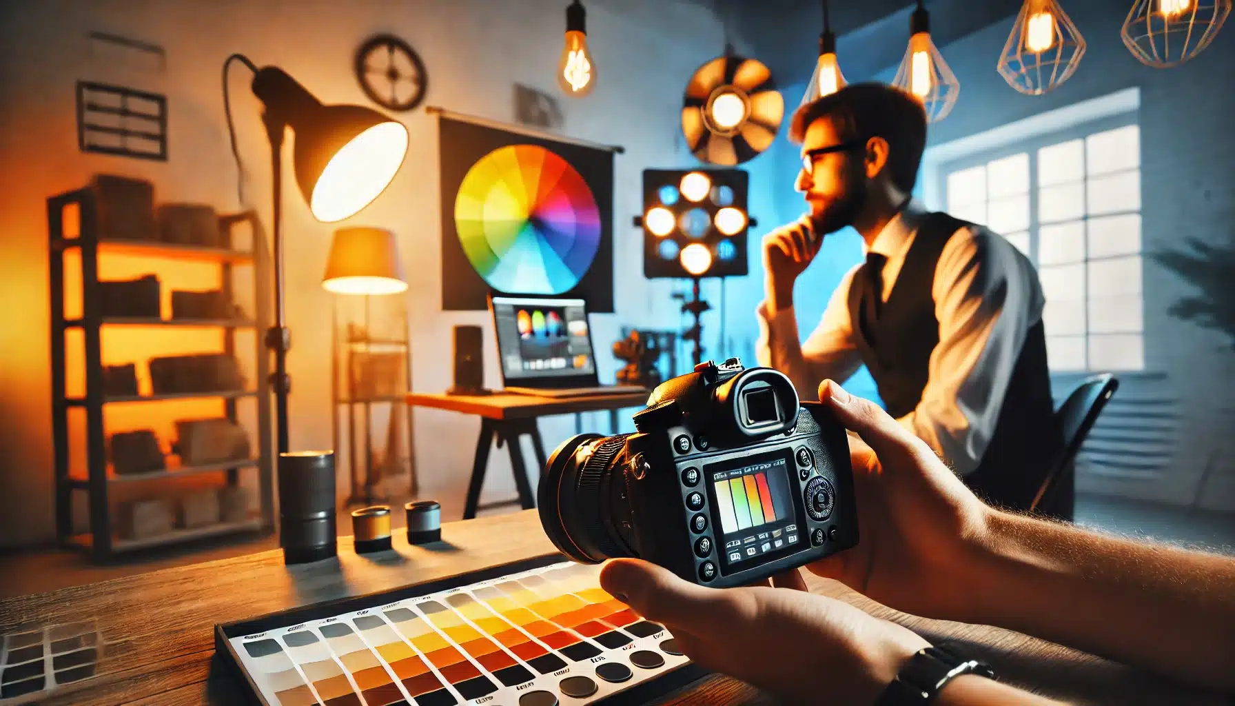 A photographer adjusting the white balance and color temperature settings on a camera in a studio, with a color chart and lighting equipment in the background showing warm and cool tones.