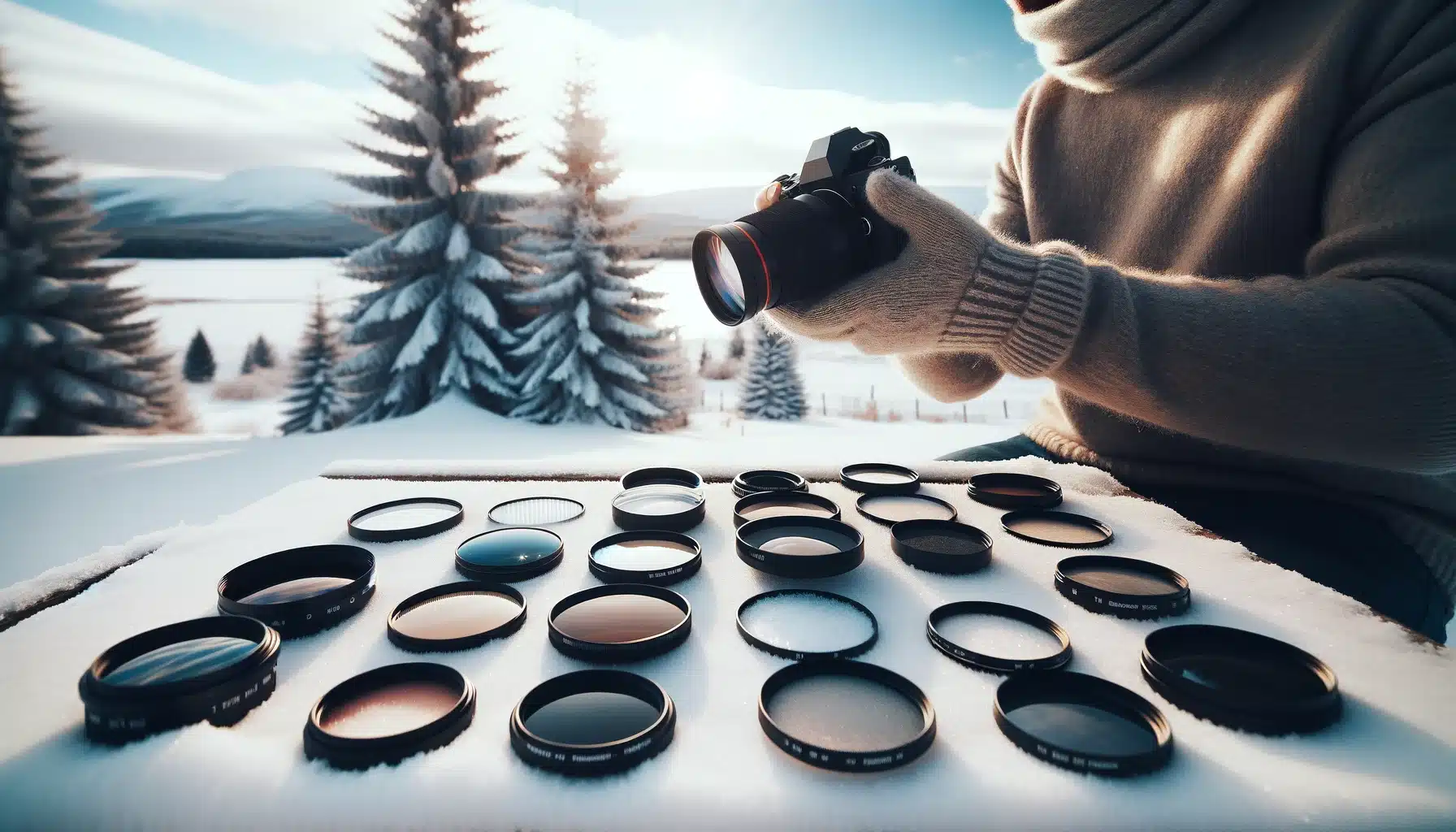 A person adjusting a filter on their camera while various other filters are displayed on a snow-covered table. The scene is set in a snowy landscape with trees and a clear sky in the background.