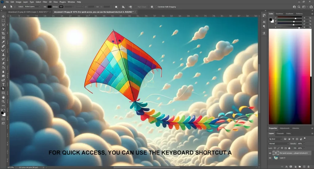 Illustration of using keyboard shortcut A to access Path Selection Tool in Photoshop.