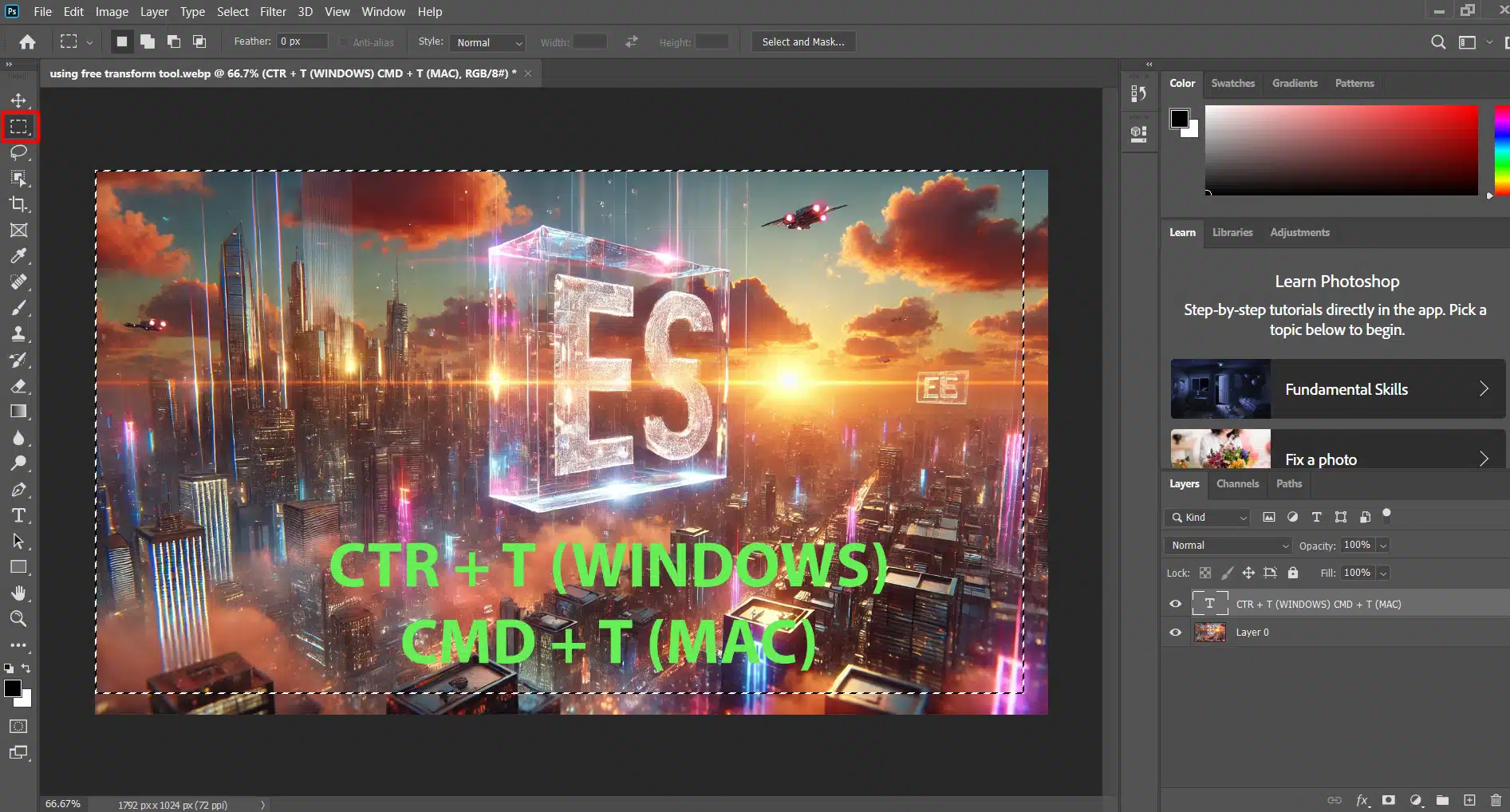 Photoshop interface showing a futuristic cityscape with a transparent cube filled with glowing letters, and the Text tool highlighted