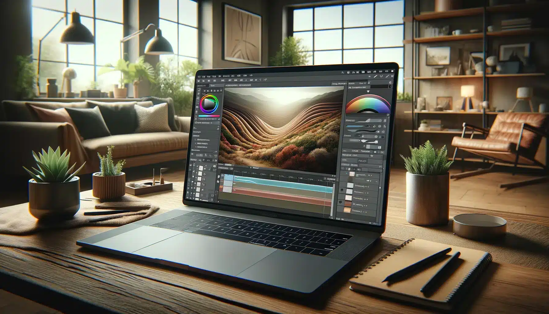 A highly realistic image showcasing the Adobe Photoshop interface on a laptop in a cozy, ambient setting. The photo being edited uses layers for non-destructive editing, with the screen displaying the layers panel, adjustment layers, and masks. The workspace includes natural light, plants, and comfortable furniture, creating a modern home office or studio environment.