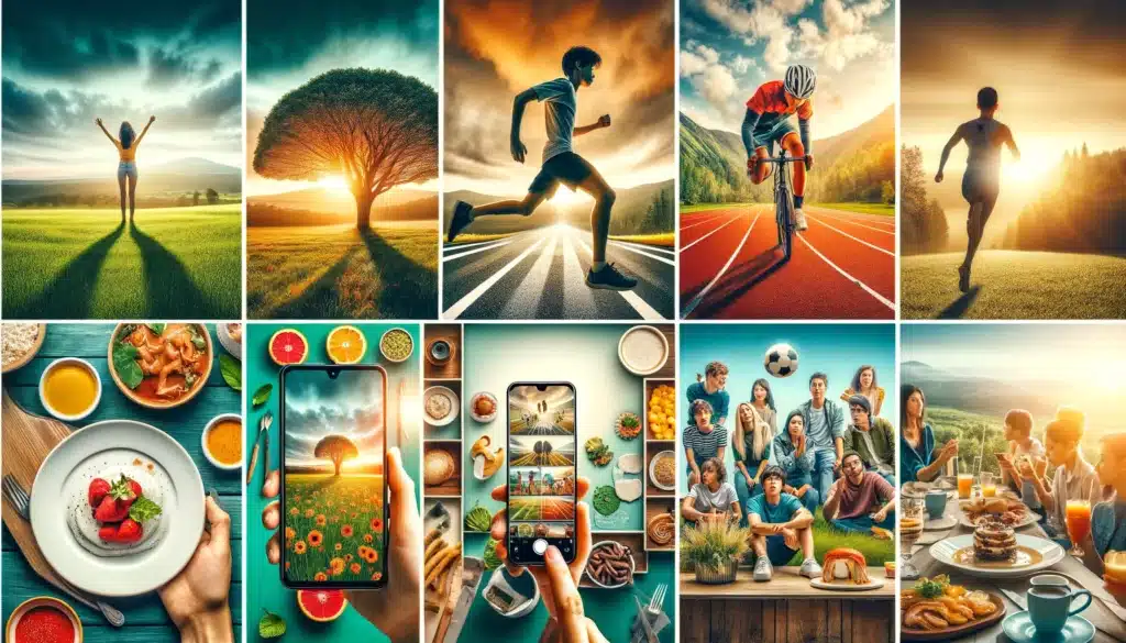 Collage of mobile photography types including landscape, action, portrait, group, and food scenes. It shows professional photos with phone.