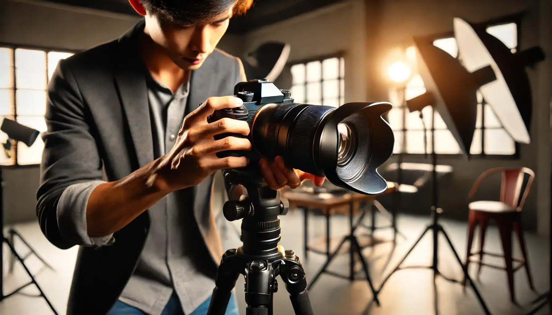 A professional photographer using a 35mm lens on a camera in a well-lit studio, adjusting the camera on a tripod with various photography equipment in the background.