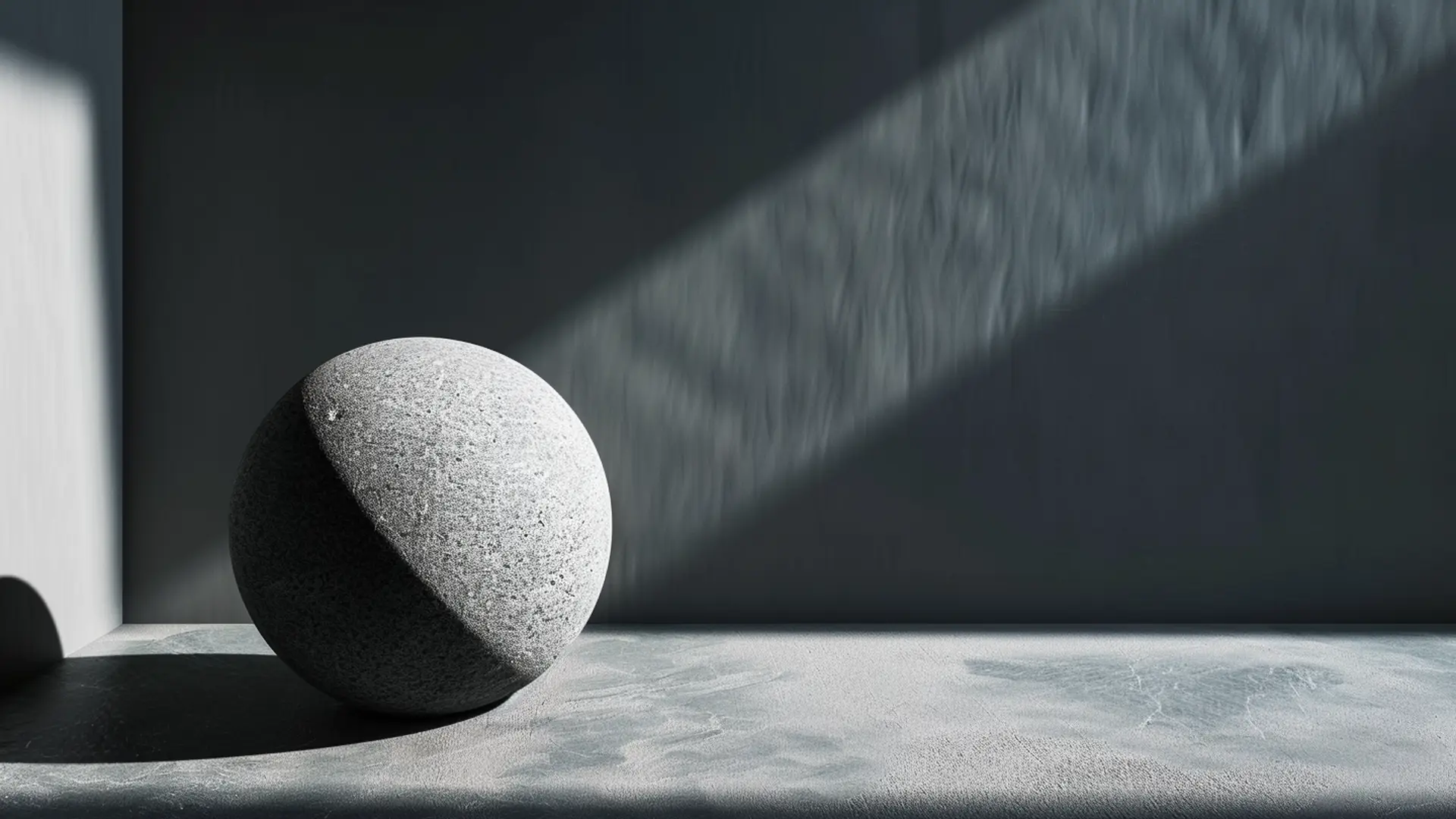 A textured stone sphere casting a shadow in a minimalist setting, illustrating the concept of adding shadows in Photoshop