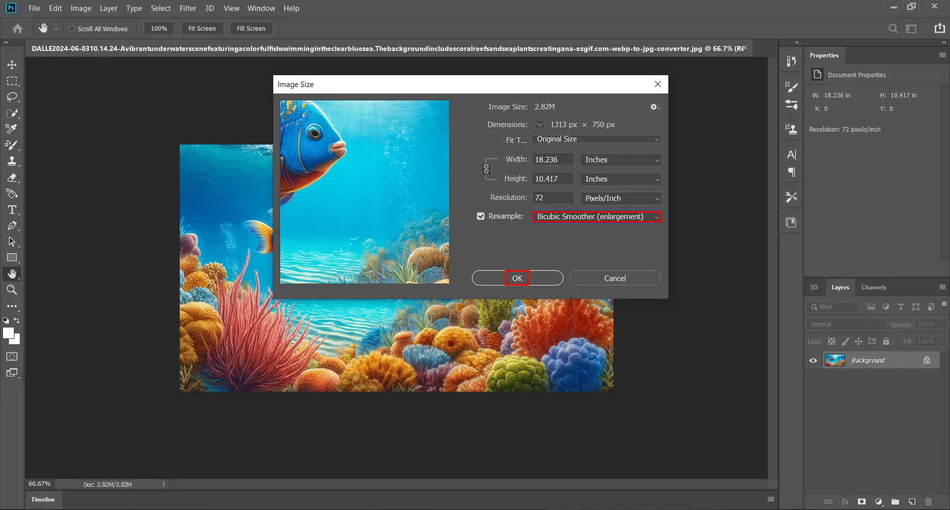 Photoshop window showing the "Image Size" dialog with "Bicubic Smoother (enlargement)" resampling option selected.