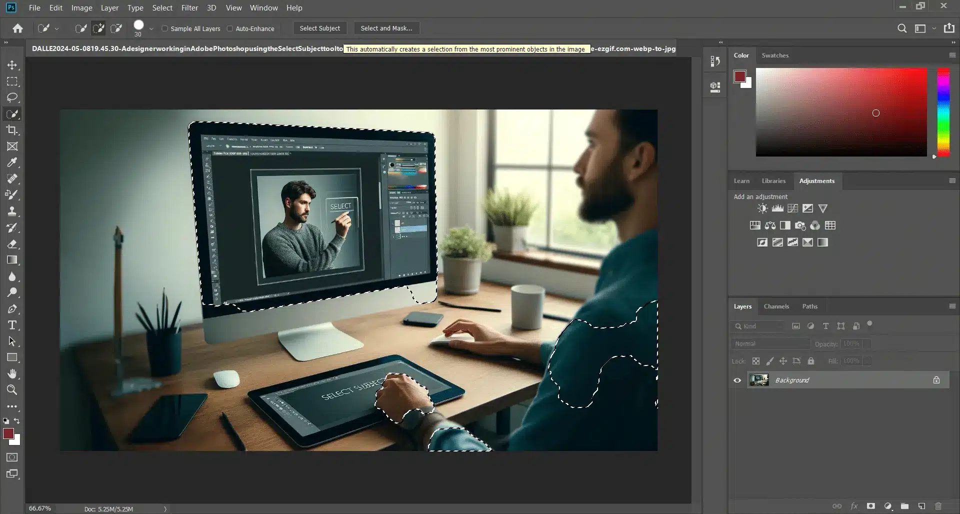 Designer working in Adobe Photoshop using the Select Subject tool on a desktop computer with a digital tablet.