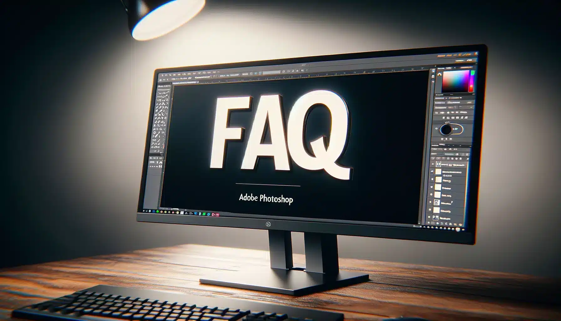 A computer monitor displaying the letters "FAQ" in bold, 3D-style white font on Adobe interface, illuminated by a focused light source, set against a dark, slightly lit background.