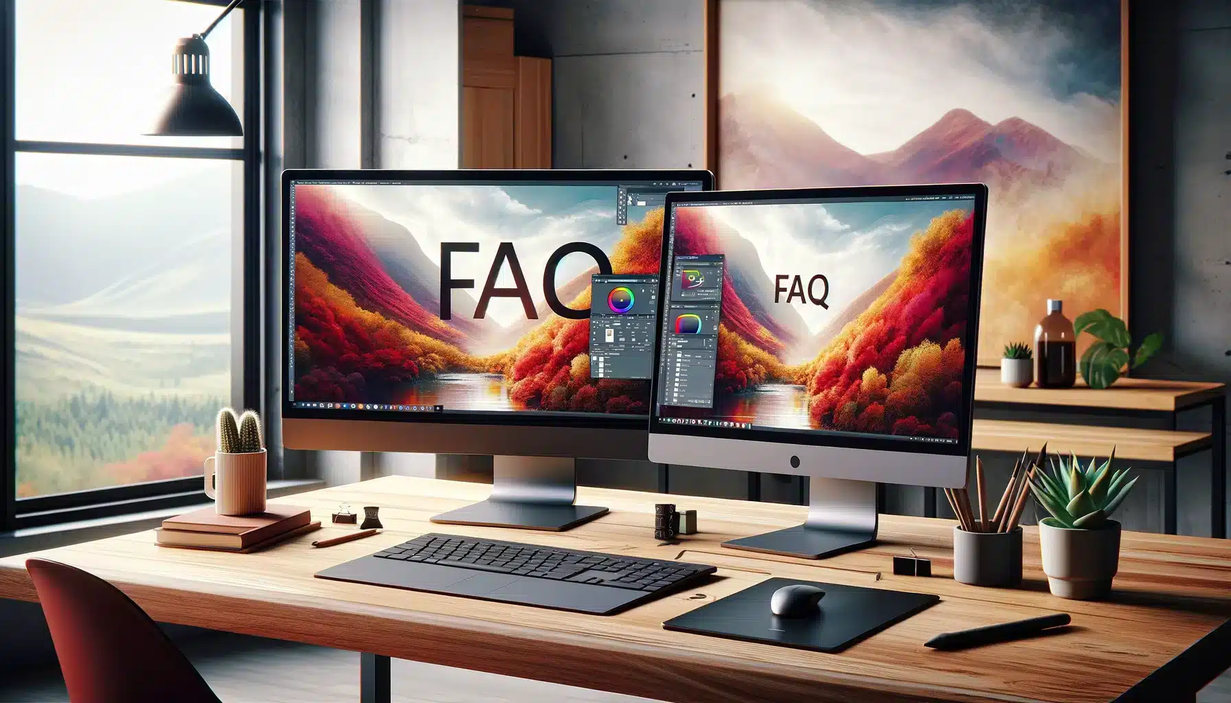 A modern desktop setup featuring two high-resolution monitors displaying a Photoshop interface with a painting effect applied to a landscape image, with the word "FAQ" prominently displayed.