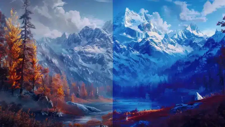 Mountain landscape divided into two color schemes: warm autumn tones on the left and cool winter tones on the right.